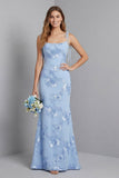 Light Blue Spaghetti Straps Mermaid Maxi Dress with Floral Embroidery