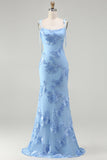 Light Blue Spaghetti Straps Mermaid Maxi Dress with Floral Embroidery