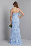 Light Blue Spaghetti Straps Mermaid Maxi Dress with Floral Embroidery