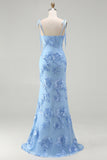 Light Blue Spaghetti Straps Mermaid Maxi Dress with Floral Embroidery