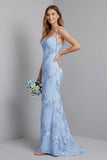 Light Blue Spaghetti Straps Mermaid Maxi Dress with Floral Embroidery
