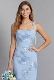 Light Blue Spaghetti Straps Mermaid Maxi Dress with Floral Embroidery