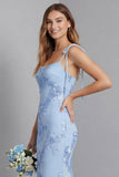Light Blue Spaghetti Straps Mermaid Maxi Dress with Floral Embroidery