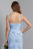 Light Blue Spaghetti Straps Mermaid Maxi Dress with Floral Embroidery