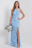 Halter Light Blue Sheath Embroidered Long Floral Dress with Slit