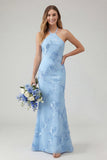 Mermaid Halter Light Blue Backless Long Prom Dress with Embroidery
