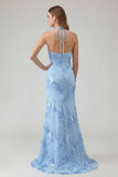 Mermaid Halter Light Blue Backless Long Prom Dress with Embroidery