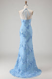 Mermaid Halter Light Blue Backless Long Prom Dress with Embroidery