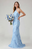 Mermaid Halter Light Blue Backless Long Prom Dress with Embroidery