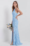 Halter Light Blue Sheath Embroidered Long Floral Dress with Slit