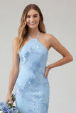 Mermaid Halter Light Blue Backless Long Prom Dress with Embroidery