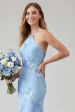 Mermaid Halter Light Blue Backless Long Prom Dress with Embroidery