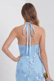 Halter Light Blue Sheath Embroidered Long Floral Dress with Slit