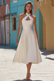 White Midi Halter A-Line Hollow Out Wedding Dress
