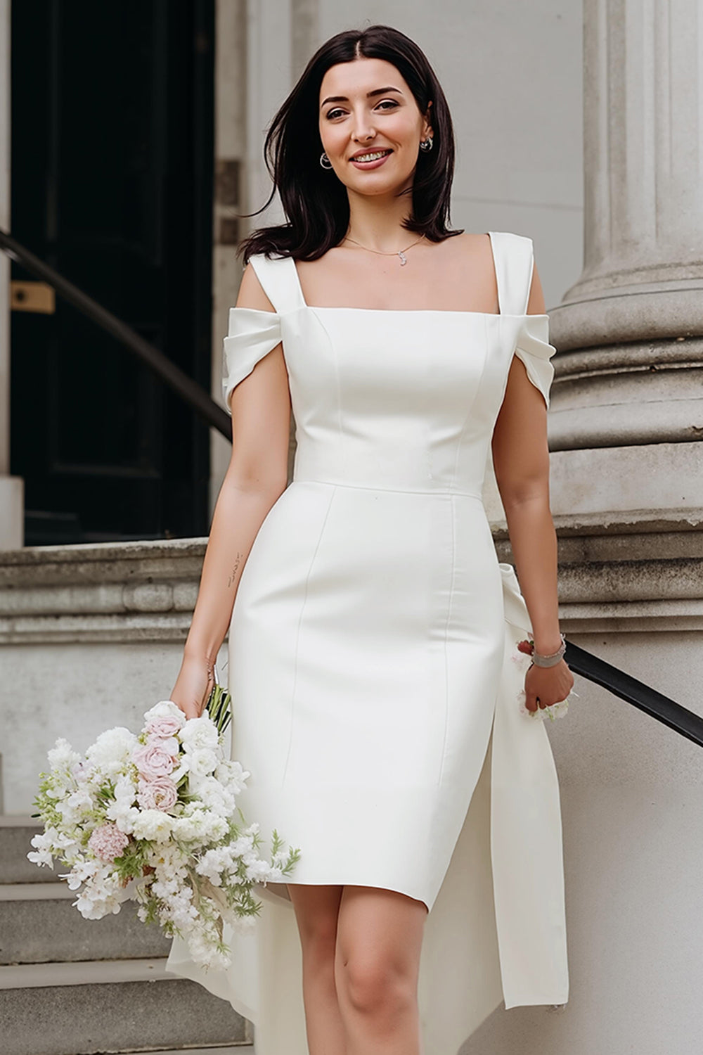 white mini wedding dress Zapaka Women White Mini Wedding Dress with Bow Sheath Cold Shoulder Sleeveless Bridal Dress – ZAPAKA UK