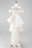 White Cold Shoulder Sheath Mini Wedding Dress with Bow