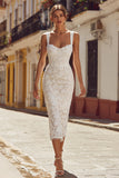 Ivory Sheath Spaghetti Straps Lace Appliqued Midi Wedding Dress