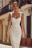 Ivory Sheath Spaghetti Straps Lace Appliqued Midi Wedding Dress