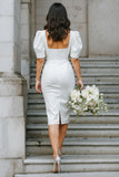White Square Neck Sheath Midi Wedding Dress