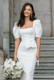 White Square Neck Sheath Midi Wedding Dress
