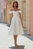 Off the Shoulder White A Line Satin Midi Wedding Dress
