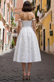 Lace Off the Shoulder White A Line Midi Wedding Dress