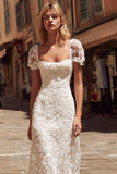 Ivory Lace A Line Midi Wedding Dress with Cap Sleeves