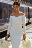 White Satin Bodycon Off the Shoulder Midi Wedding Dress with Bow
