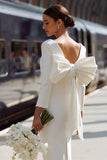 White Bodycon Round Neck Long Sleeve Midi Wedding Dress with Bow