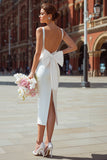 White V-Neck Sheath Midi Courthouse Wedding Dress with Bow