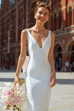White V-Neck Sheath Midi Courthouse Wedding Dress with Bow