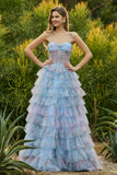 Blue A-Line Floral Tiered Ruffle Corset Long Prom Dress with Slit
