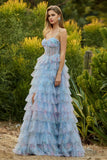 Blue A-Line Floral Tiered Ruffle Corset Long Prom Dress with Slit