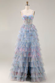 Blue Floral A-Line Tiered Ruffle Corset Long Prom Dress with Slit