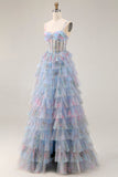 Blue Floral A-Line Tiered Ruffle Corset Long Prom Dress with Slit