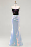 Sparkly Black and Lilac Sequin Floral Mermaid Corset Strapless Long Prom Dress