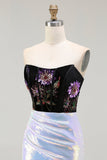 Sparkly Black and Lilac Sequin Floral Mermaid Corset Strapless Long Prom Dress