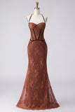 Halter Mermaid Brown Long Prom Dress with Lace