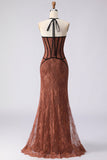 Halter Mermaid Brown Long Prom Dress with Lace