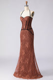 Halter Mermaid Brown Long Prom Dress with Lace