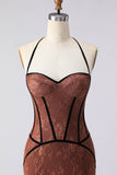 Halter Mermaid Brown Long Prom Dress with Lace
