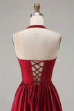 Burgundy  A Line Halter Beaded Satin Long Prom Dress with Lace Up Back