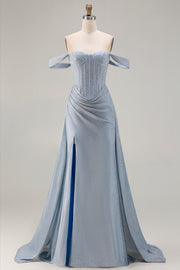 Sparkly Off The Shoulder Mermaid Corset Dusty Blue Satin Long Prom Dress with Slit