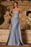 Sparkly Dusty Blue Off The Shoulder Mermaid Corset Satin Long Prom Dress with Slit