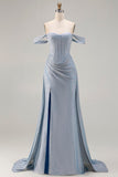 Sparkly Off The Shoulder Mermaid Corset Dusty Blue Satin Long Prom Dress with Slit