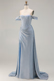 Sparkly Off The Shoulder Mermaid Corset Dusty Blue Satin Long Prom Dress with Slit