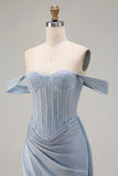 Sparkly Off The Shoulder Mermaid Corset Dusty Blue Satin Long Prom Dress with Slit