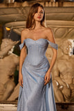 Sparkly Dusty Blue Off The Shoulder Mermaid Corset Satin Long Prom Dress with Slit