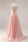 Halter Blush Pink A-Line Pleated Long Prom Dress with Slit