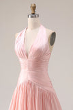 Halter Blush Pink A-Line Pleated Long Prom Dress with Slit